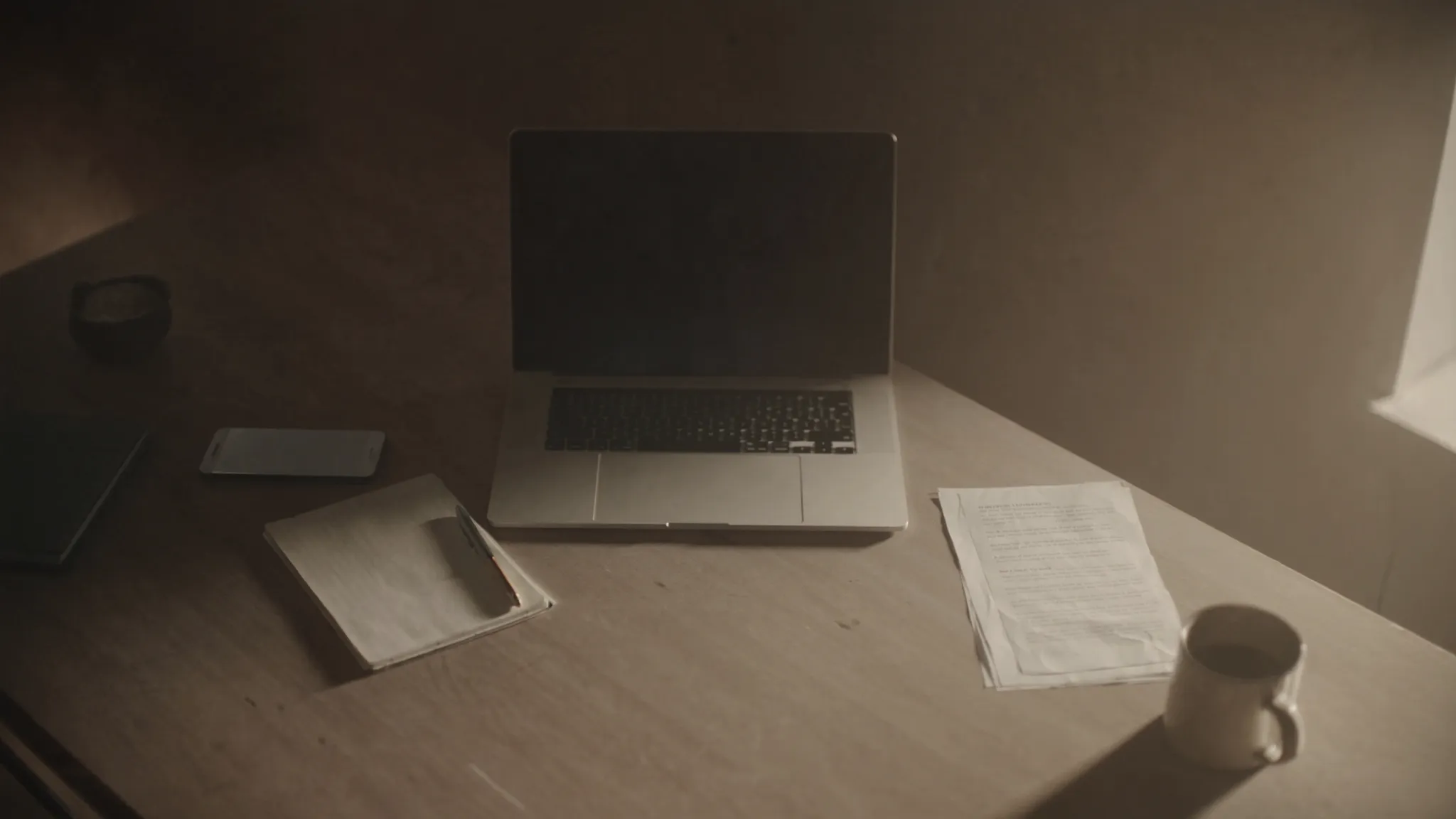 Escritorio con una laptop, una libreta y una carta impresa, al amanecer
