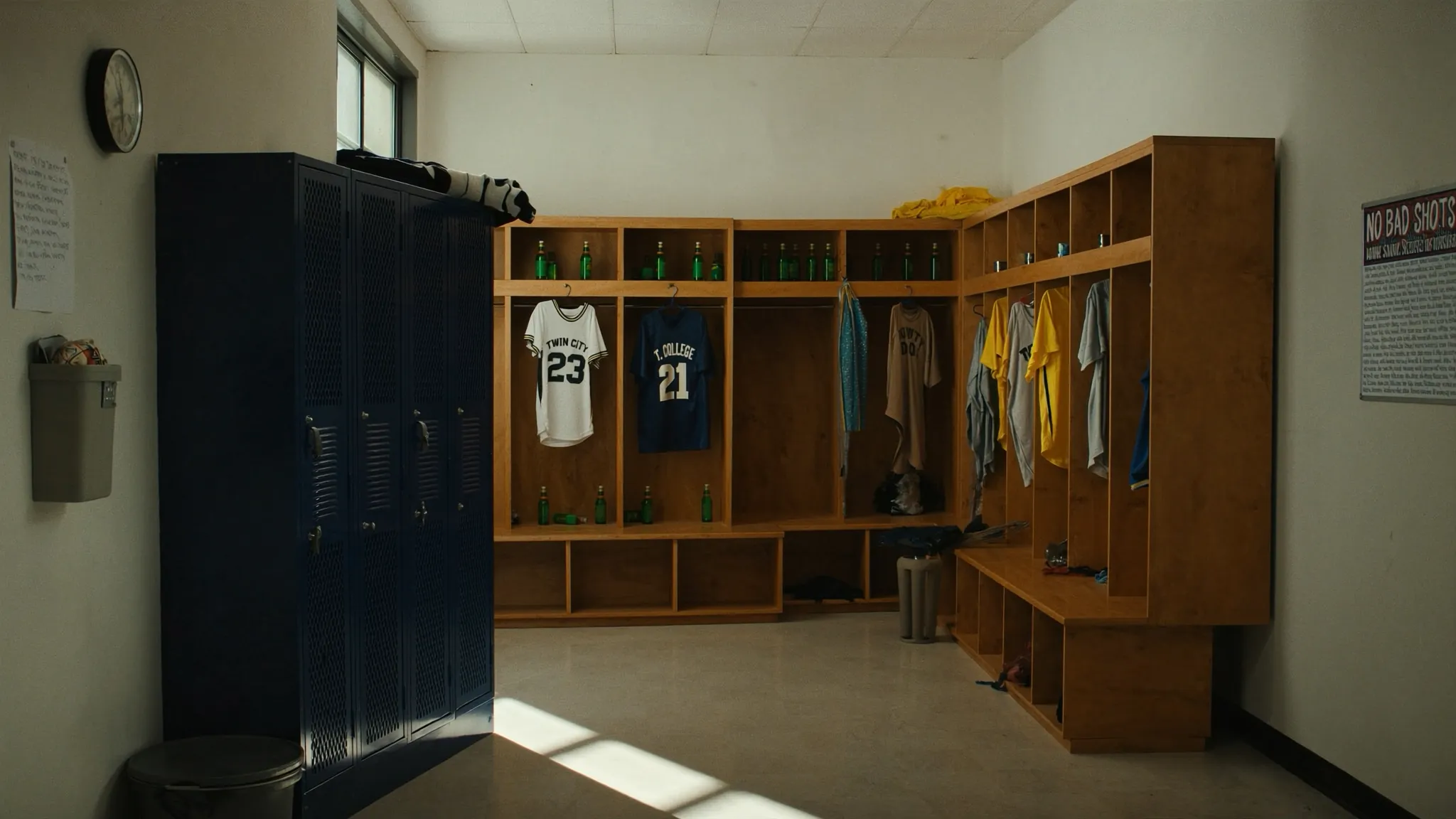 Vestidor universitario vacío, con los uniformes colgados